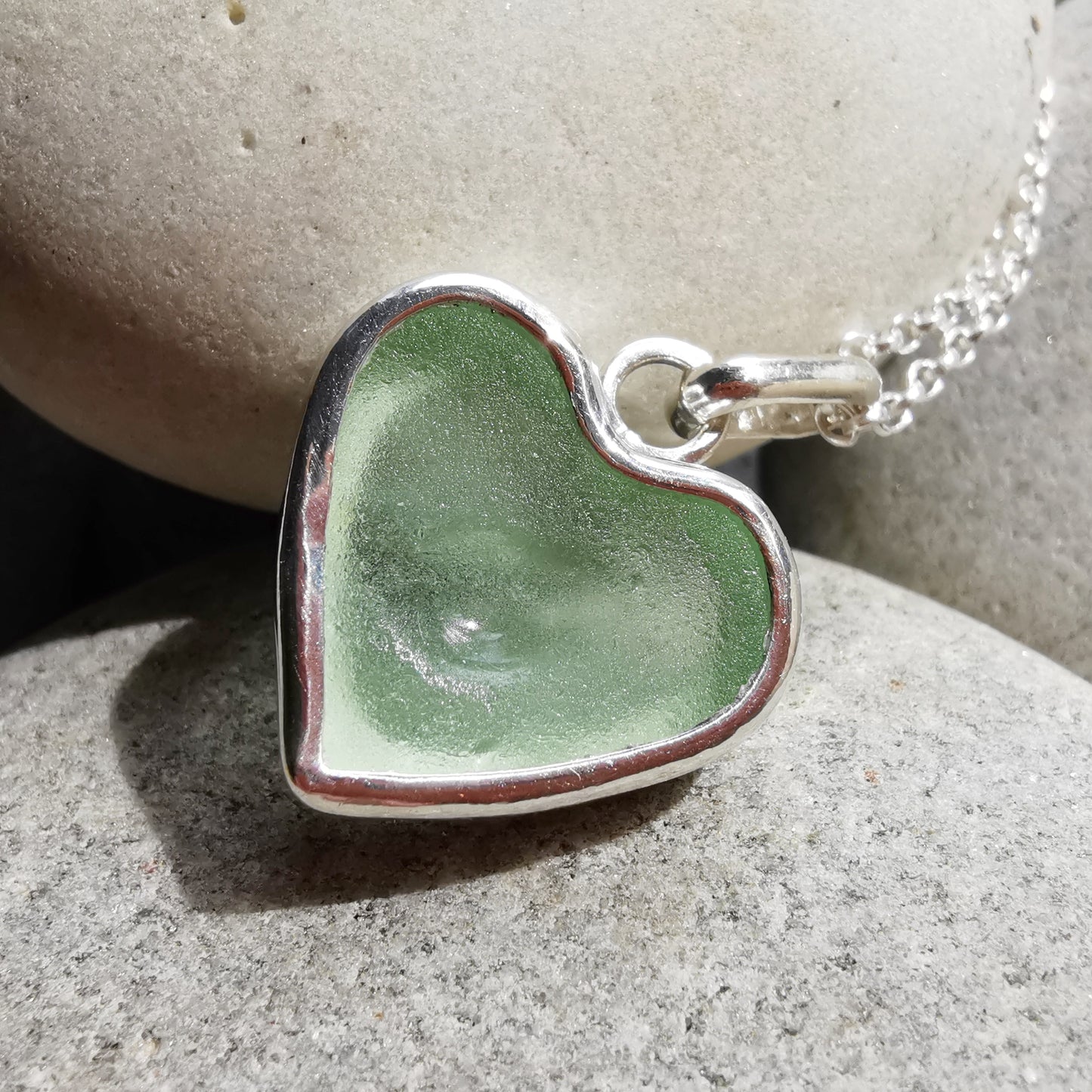 Scottish UV sea glass heart & sterling silver pendant.