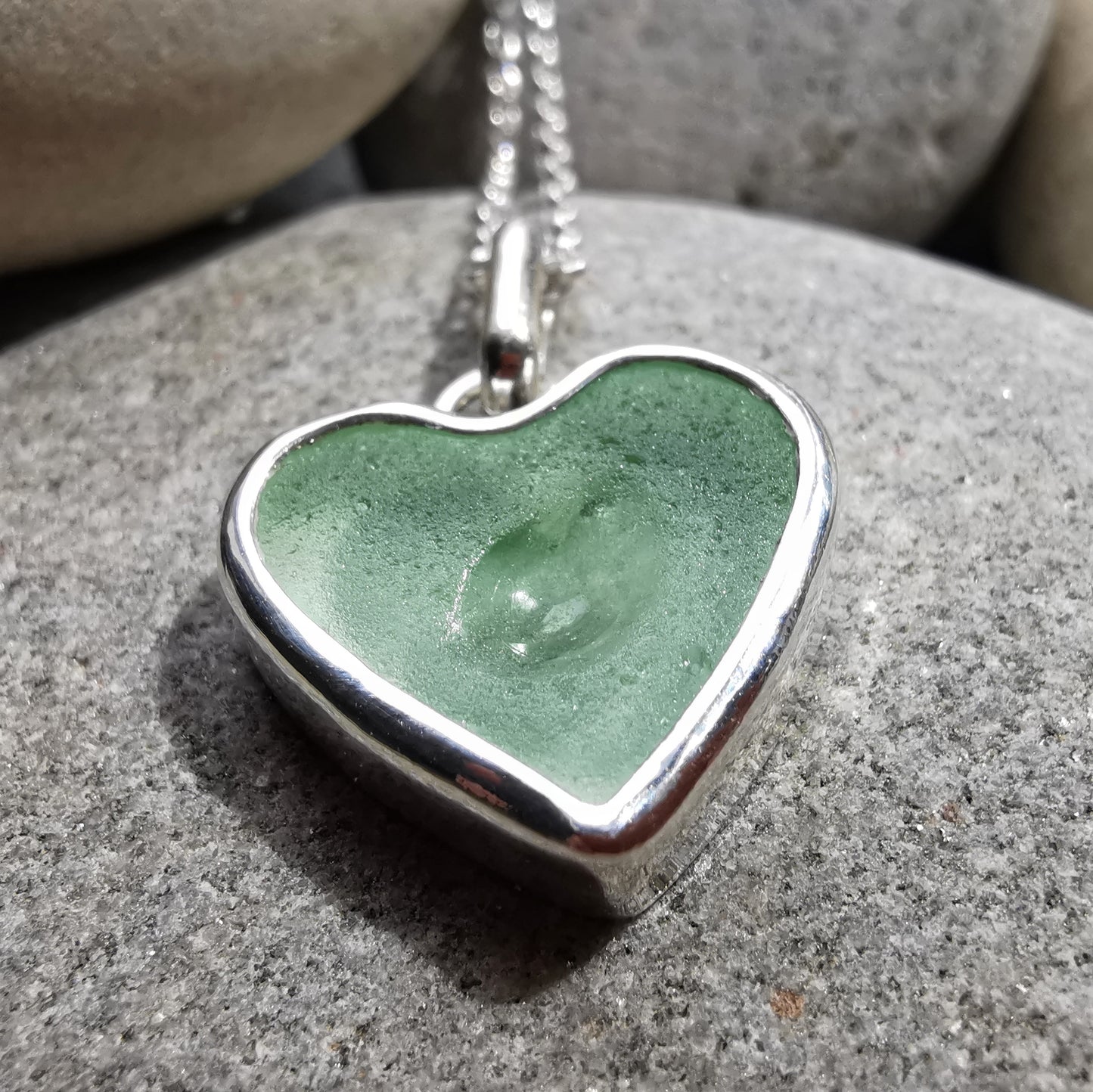 Scottish UV sea glass heart & sterling silver pendant.