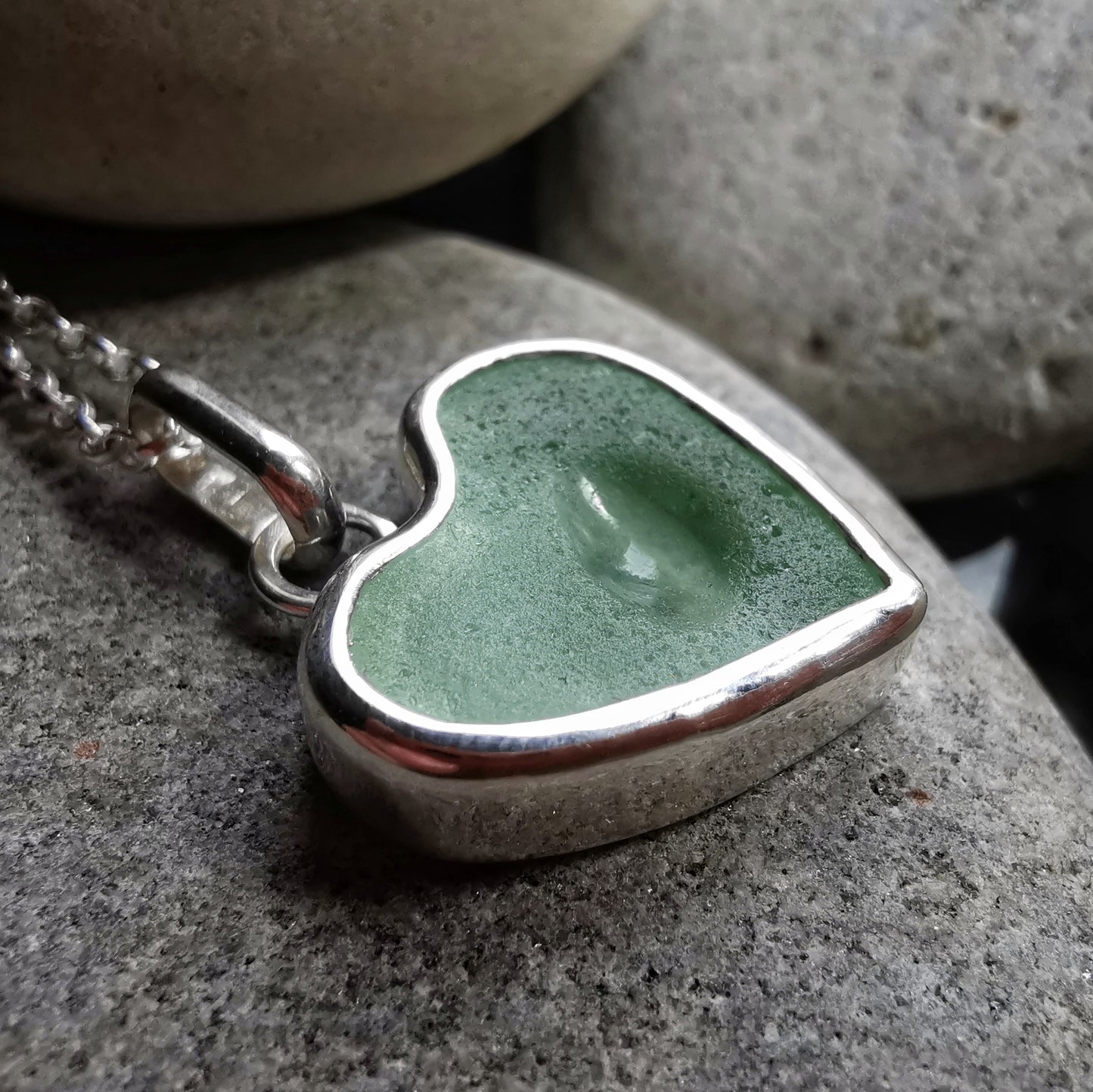 Scottish UV sea glass heart & sterling silver pendant.