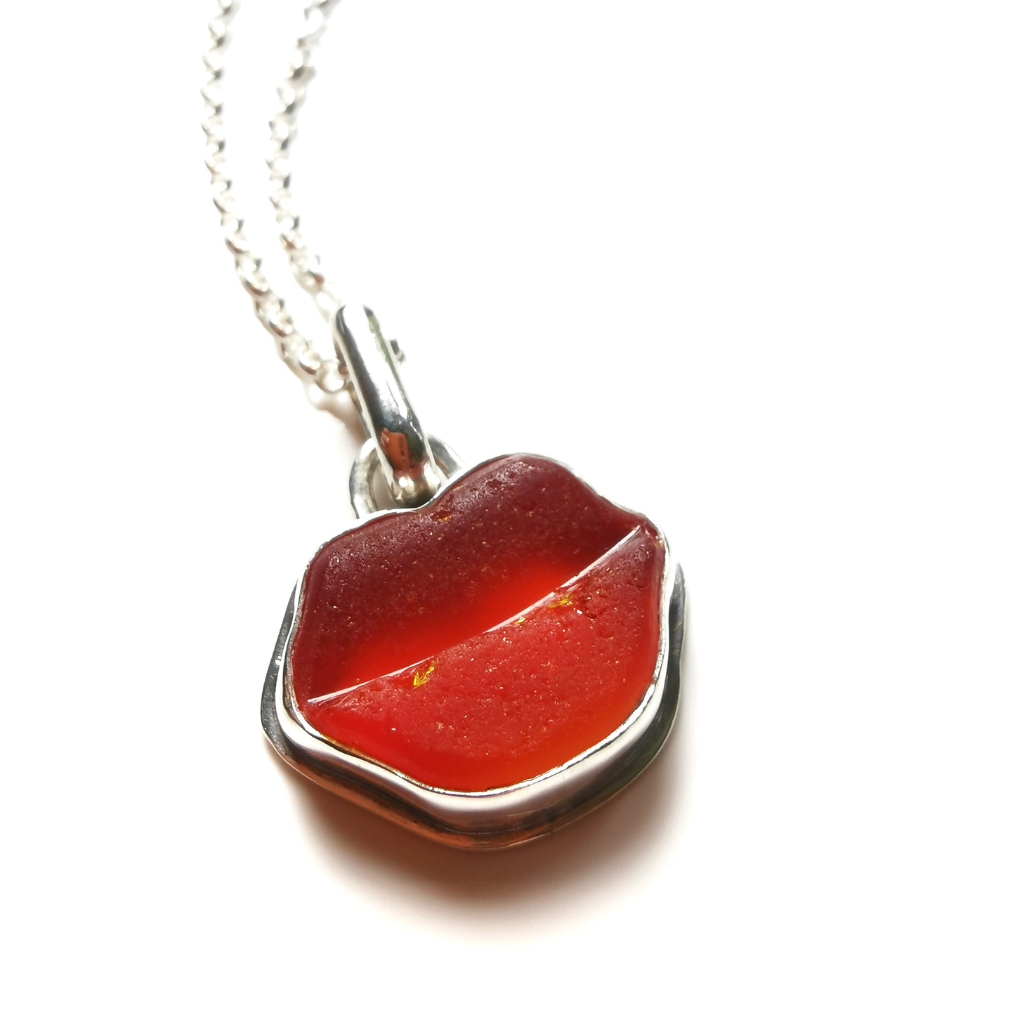 Scottish red and orange lips/kiss sea glass & sterling silver pendant.