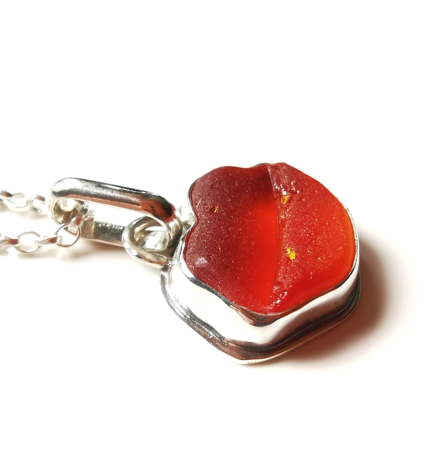 Scottish red and orange lips/kiss sea glass & sterling silver pendant.