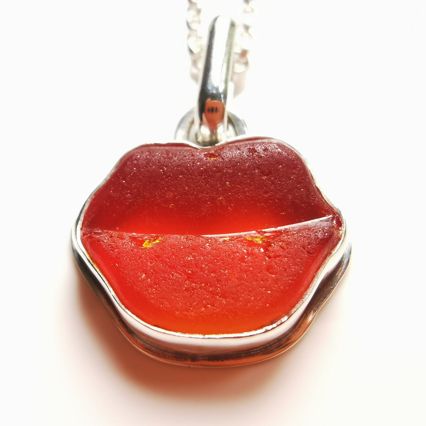 Scottish red and orange lips/kiss sea glass & sterling silver pendant.