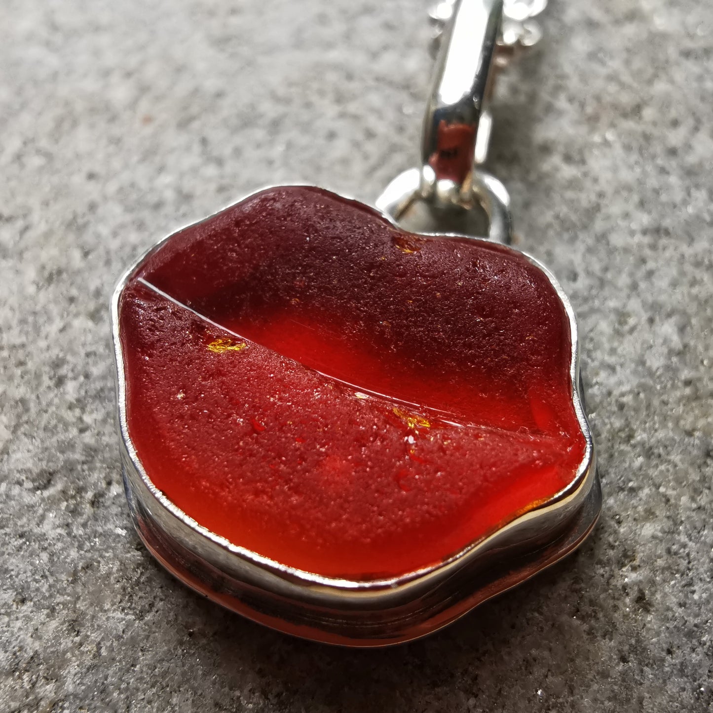 Scottish red and orange lips/kiss sea glass & sterling silver pendant.