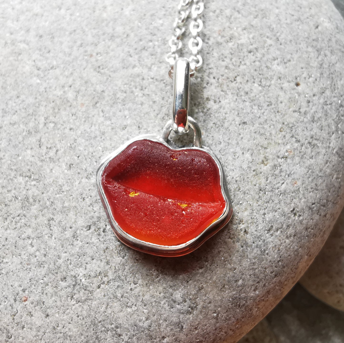 Scottish red and orange lips/kiss sea glass & sterling silver pendant.