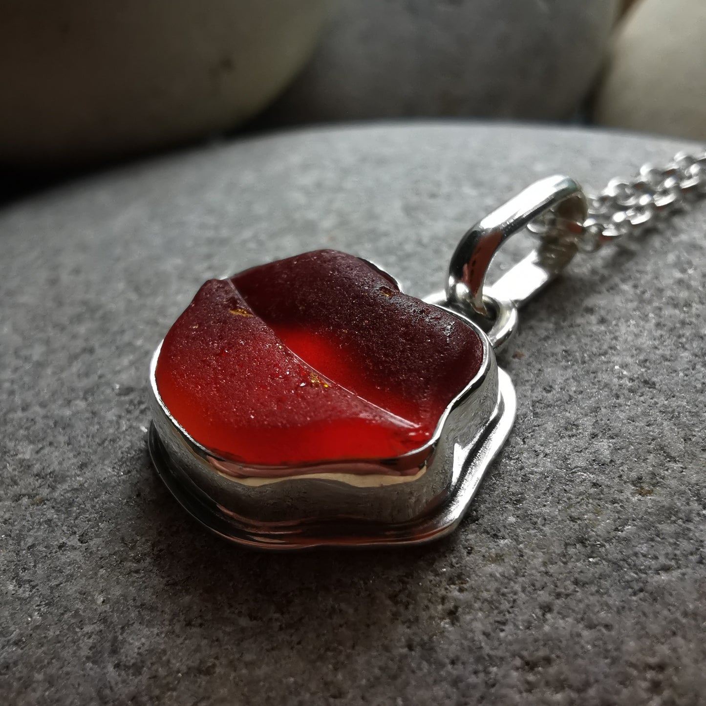 Scottish red and orange lips/kiss sea glass & sterling silver pendant.