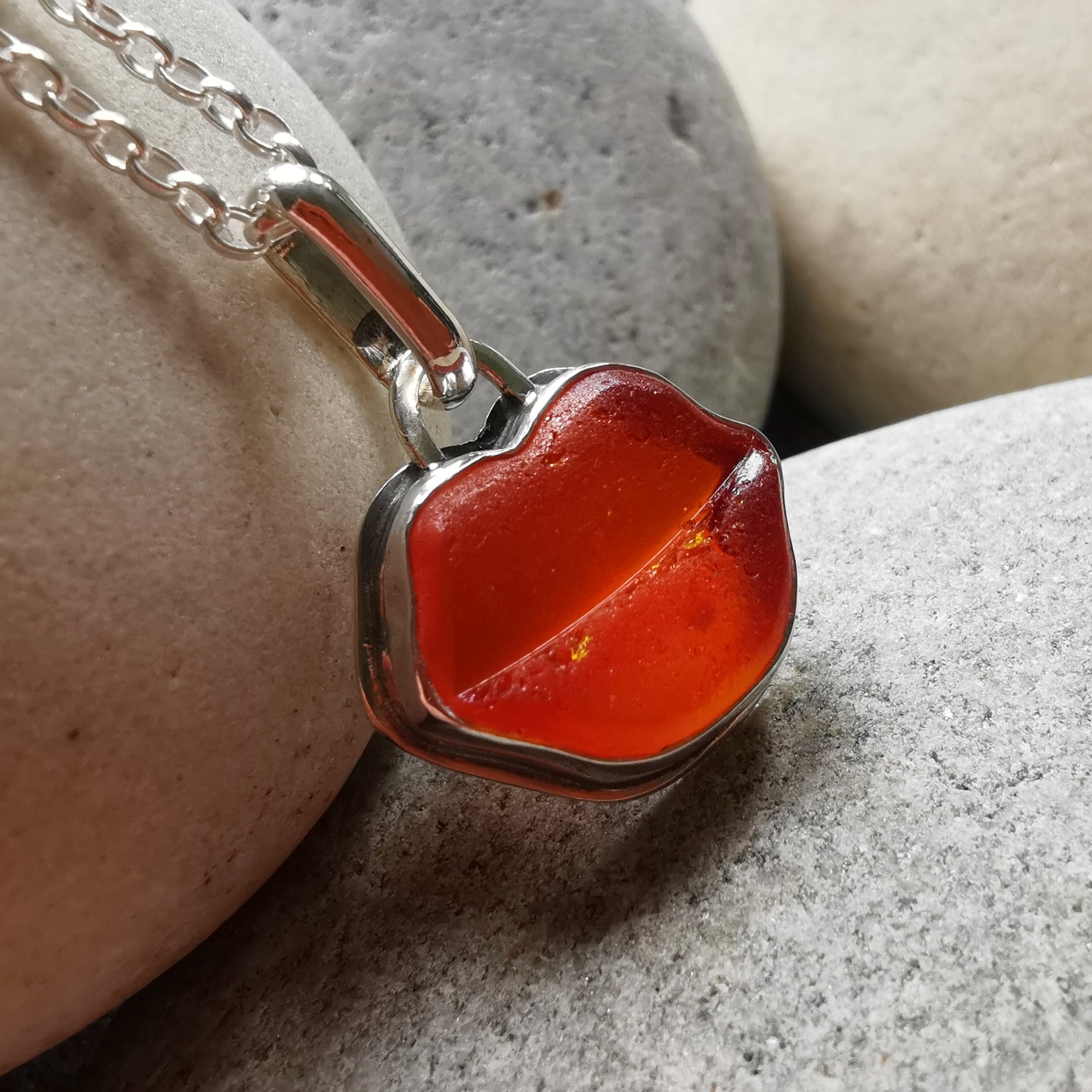 Scottish red and orange lips/kiss sea glass & sterling silver pendant.