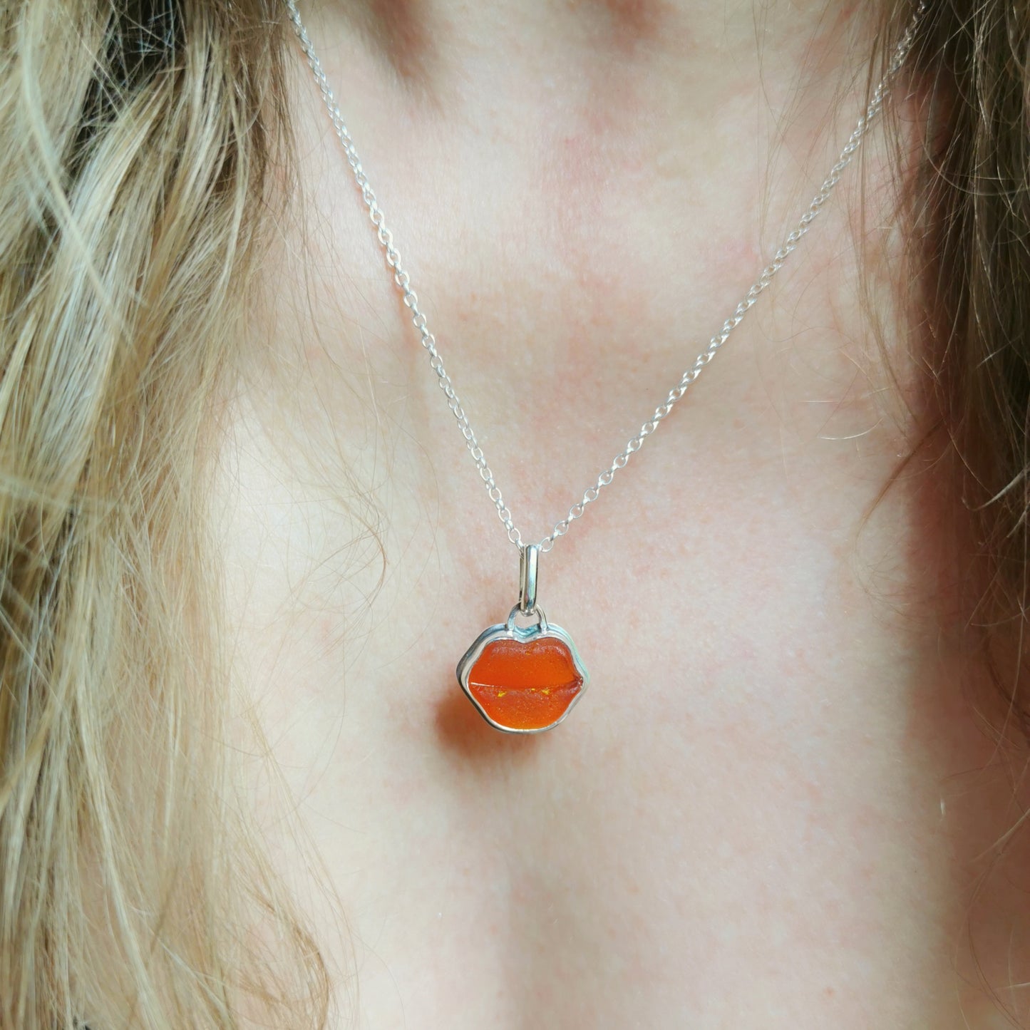 Scottish red and orange lips/kiss sea glass & sterling silver pendant.