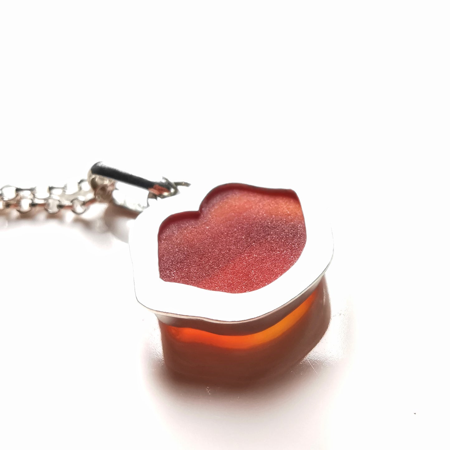 Scottish red and orange lips/kiss sea glass & sterling silver pendant.