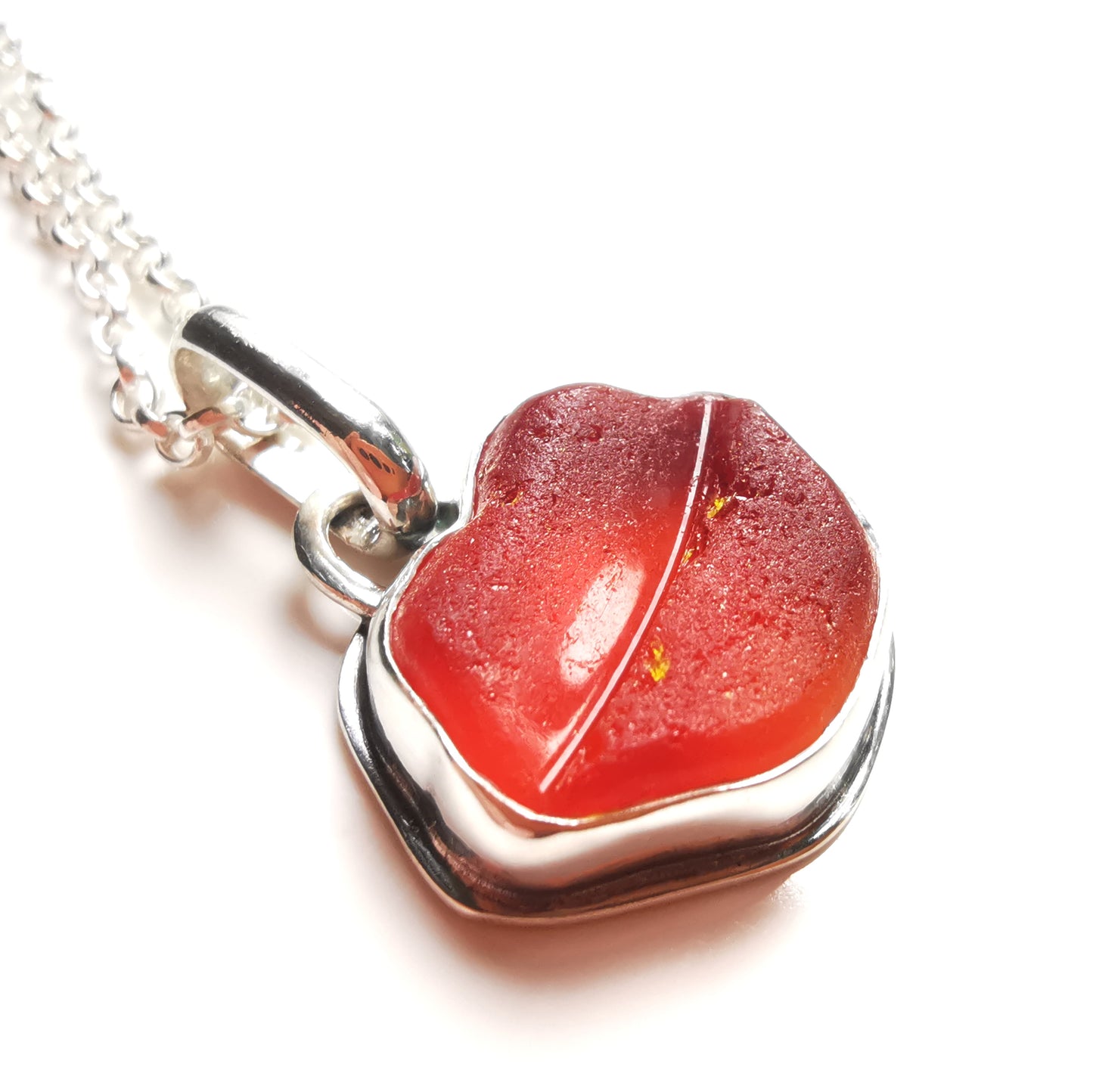 Scottish red and orange lips/kiss sea glass & sterling silver pendant.