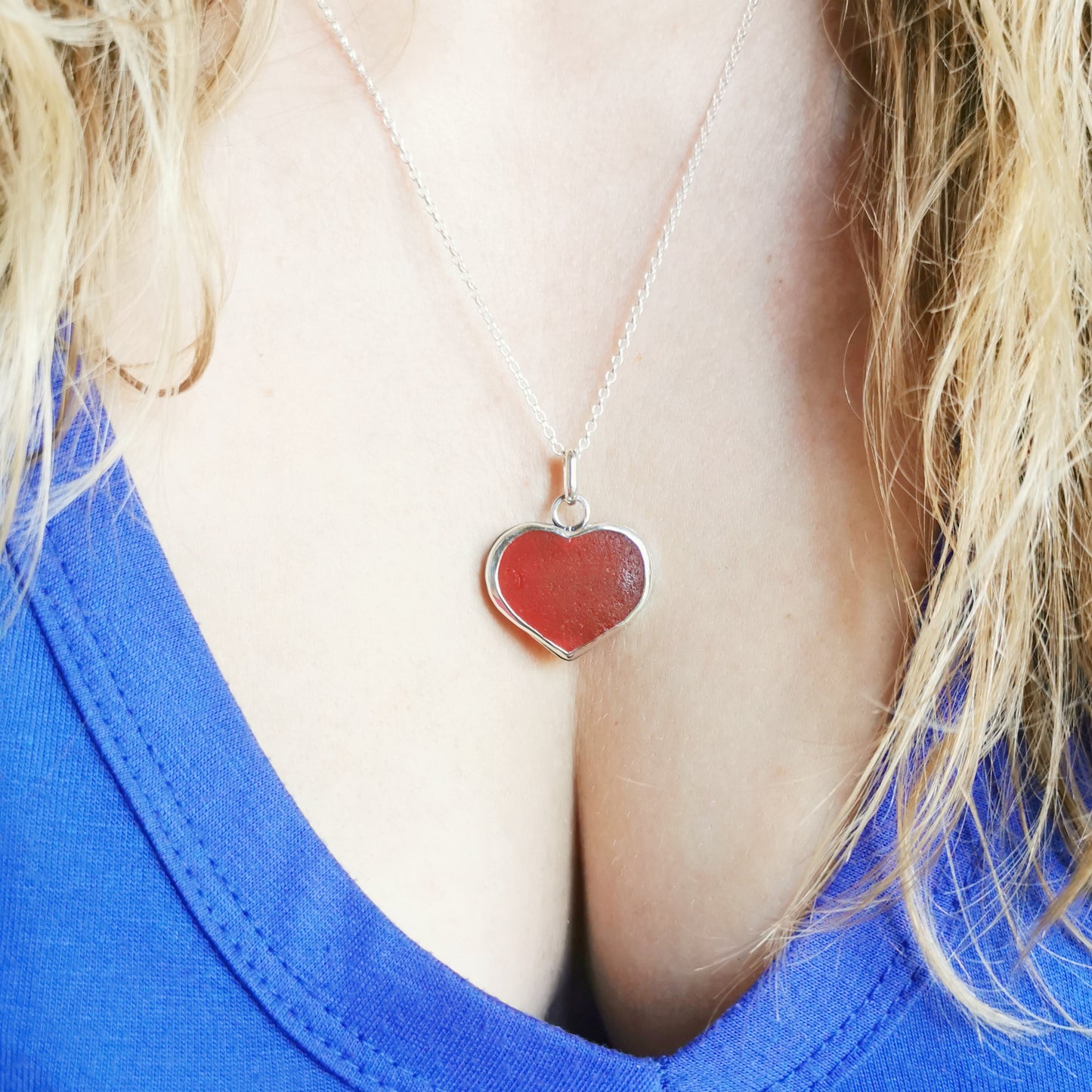 Scottish red UV sea glass heart & sterling silver pendant.