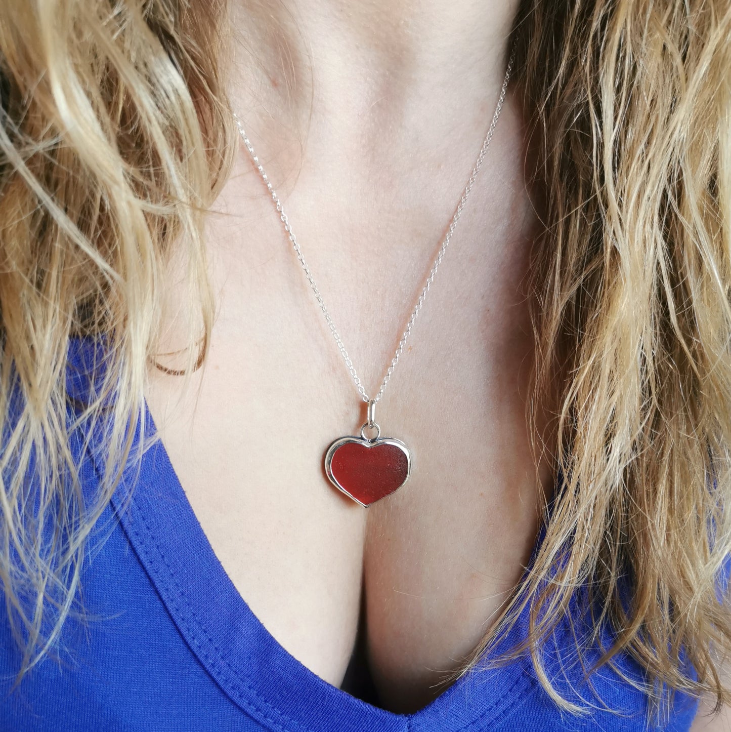 Scottish red UV sea glass heart & sterling silver pendant.