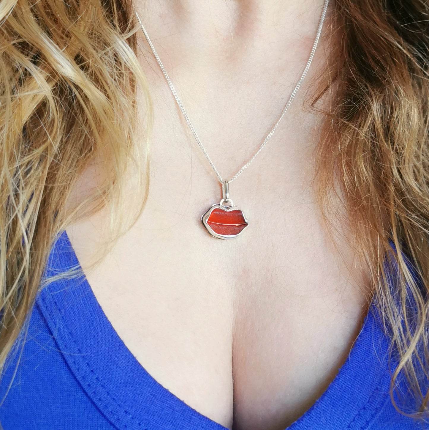 Scottish red  lips/kiss sea glass & sterling silver pendant.