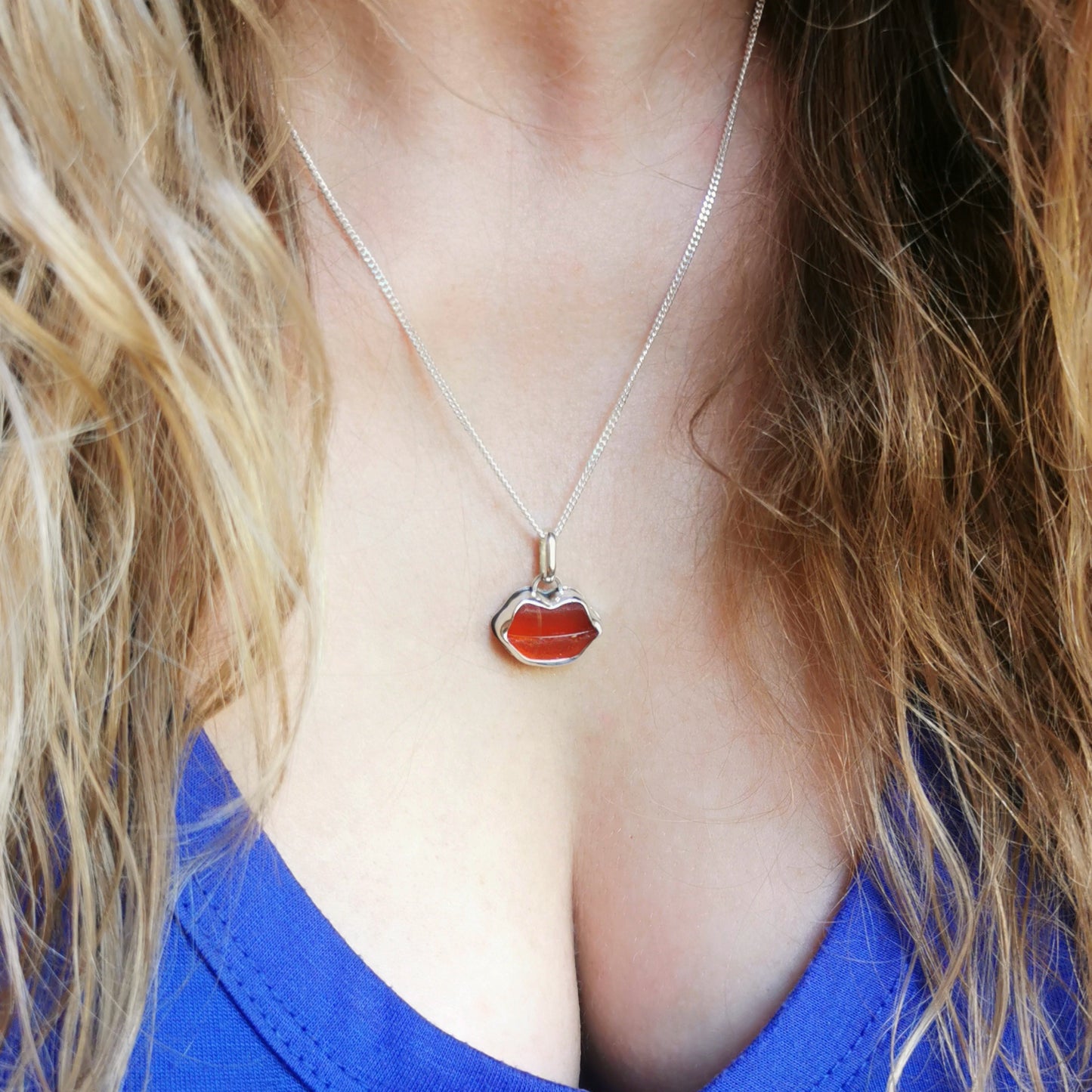 Scottish red  lips/kiss sea glass & sterling silver pendant.