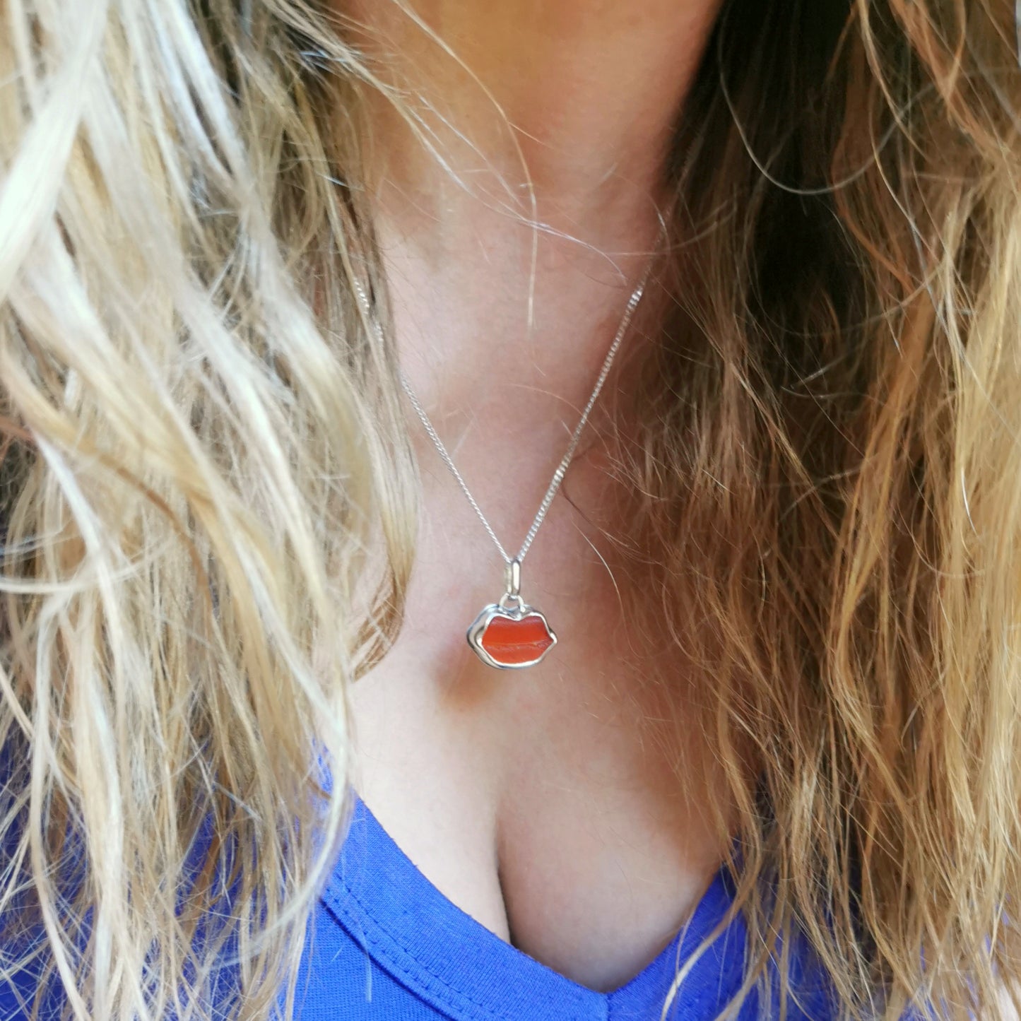 Scottish red  lips/kiss sea glass & sterling silver pendant.
