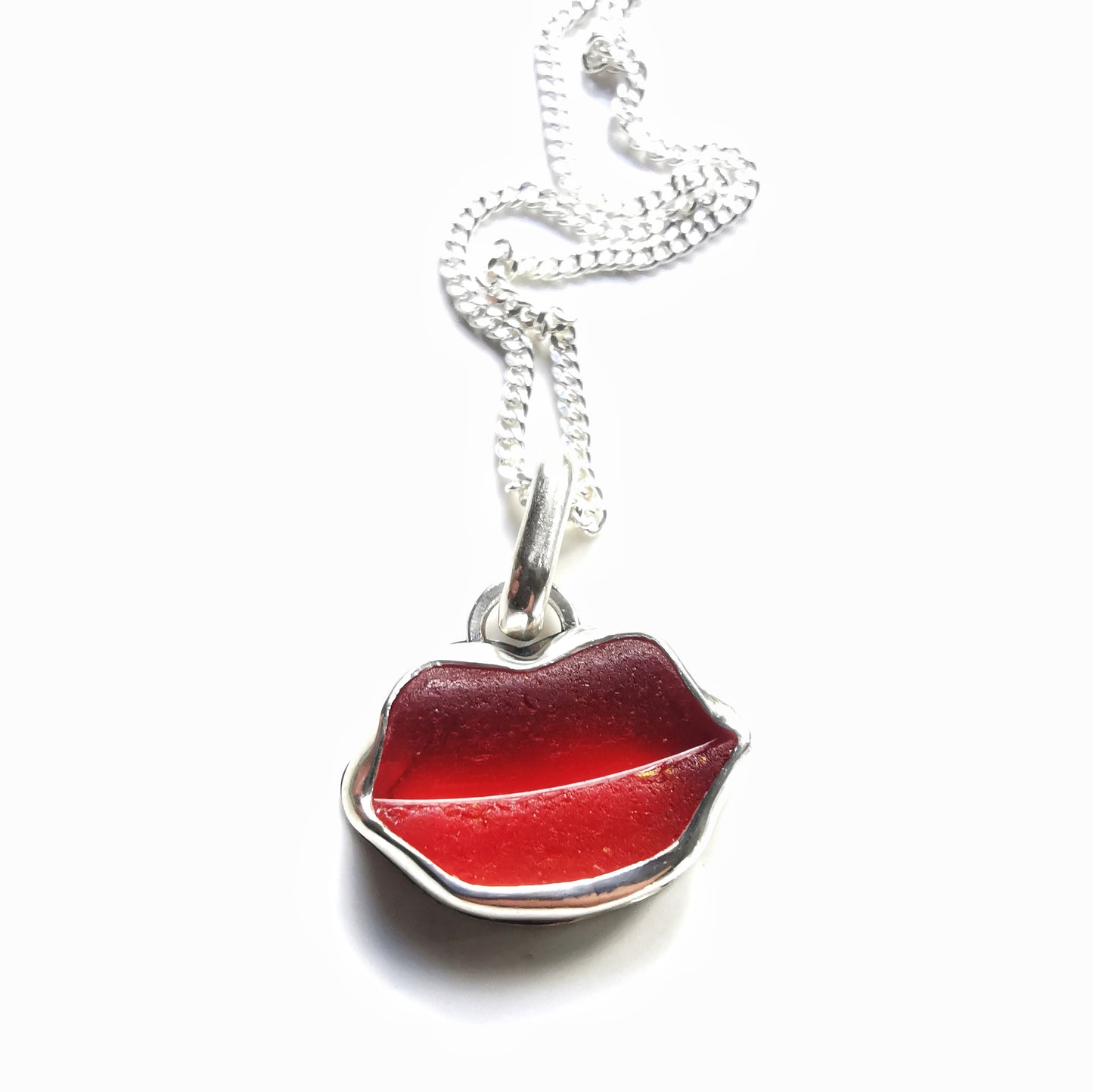 Scottish red  lips/kiss sea glass & sterling silver pendant.