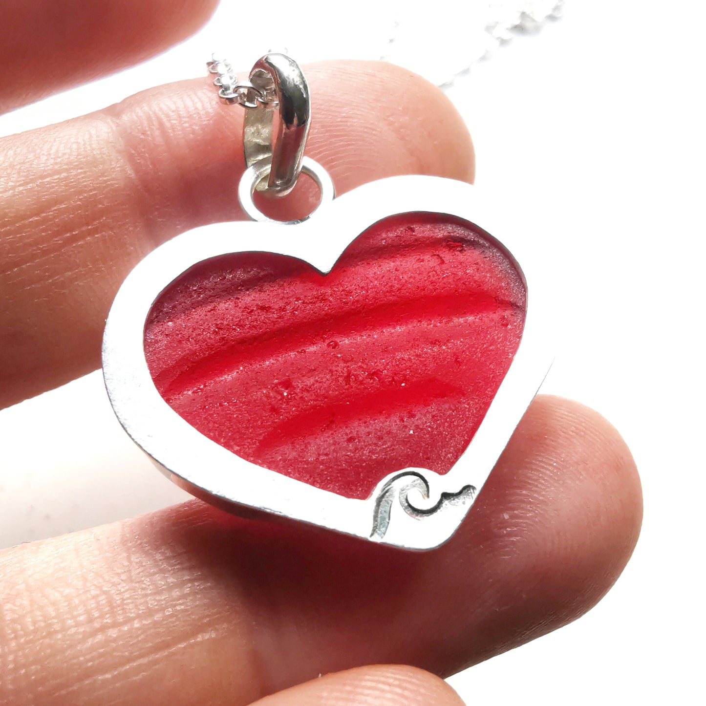 Scottish red UV sea glass heart & sterling silver pendant.