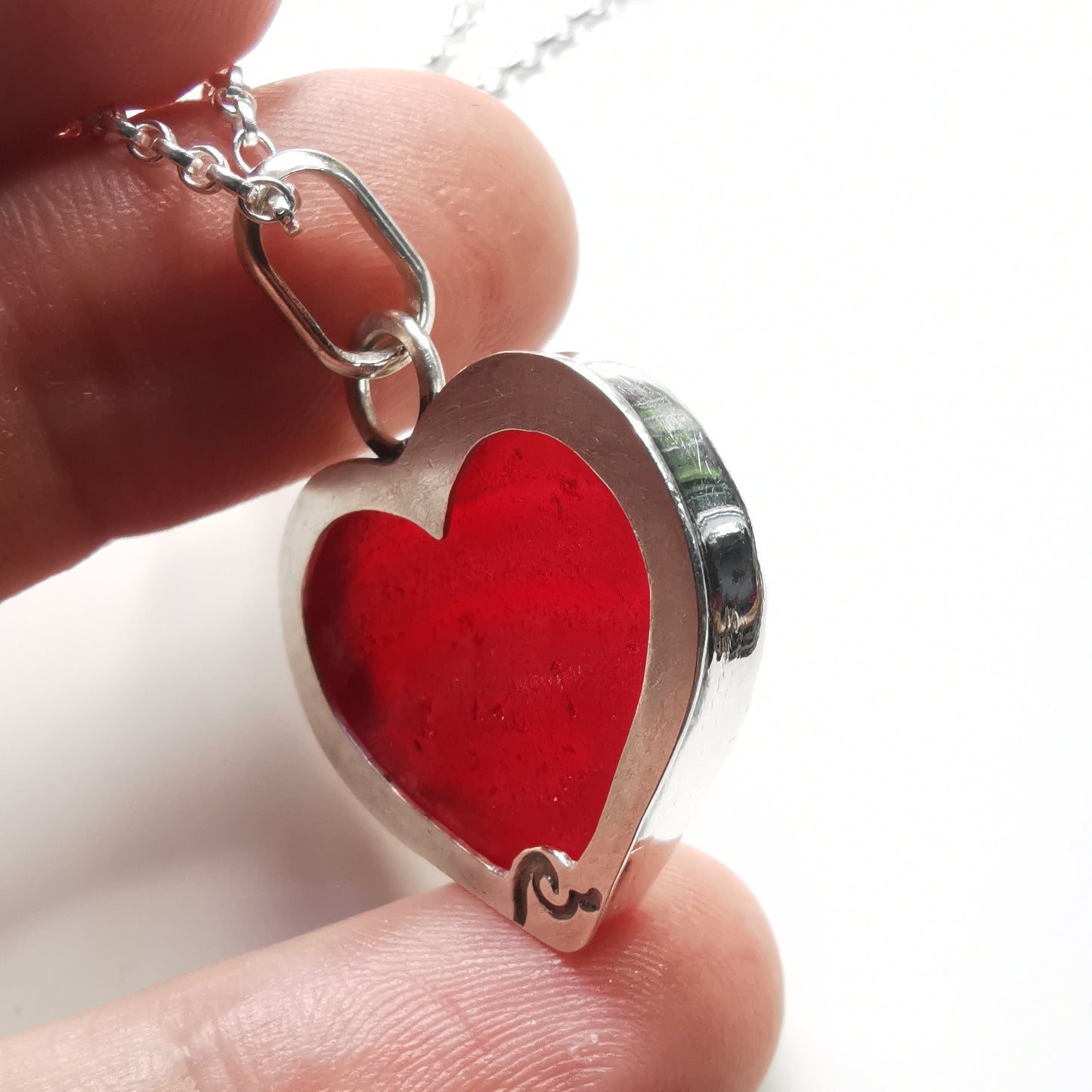 Scottish red UV sea glass heart & sterling silver pendant.