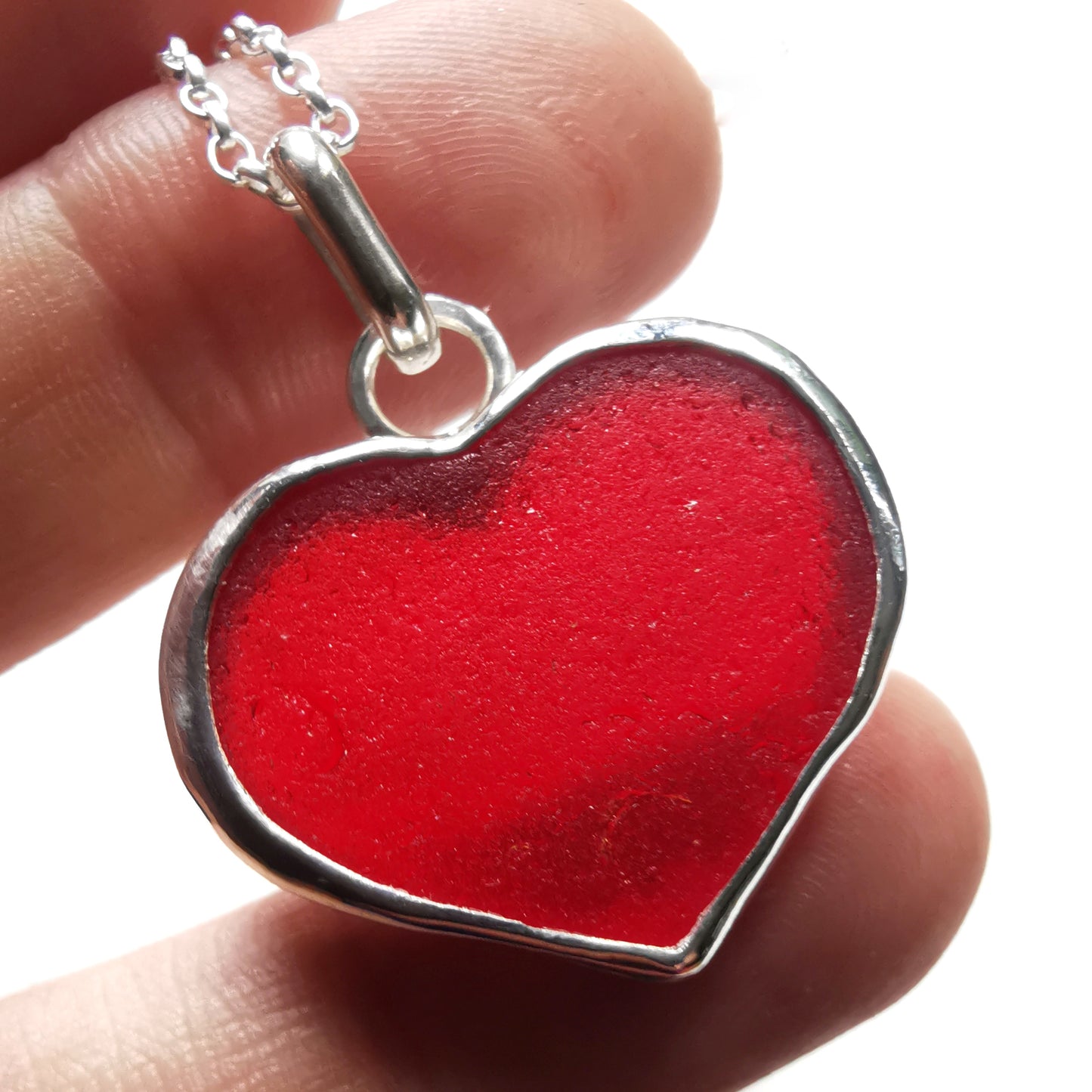 Scottish red UV sea glass heart & sterling silver pendant.
