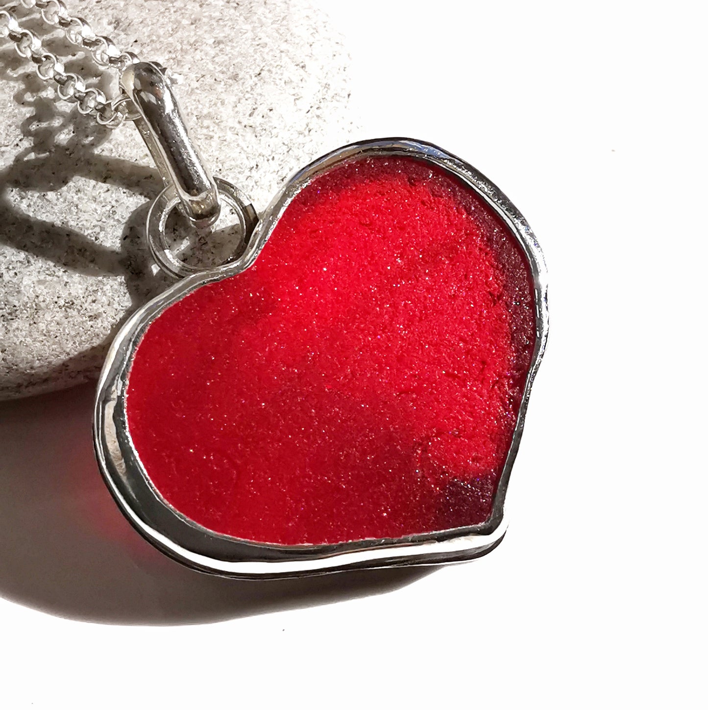 Scottish red UV sea glass heart & sterling silver pendant.