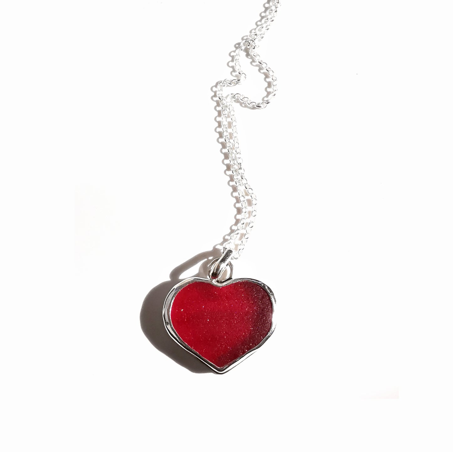 Scottish red UV sea glass heart & sterling silver pendant.