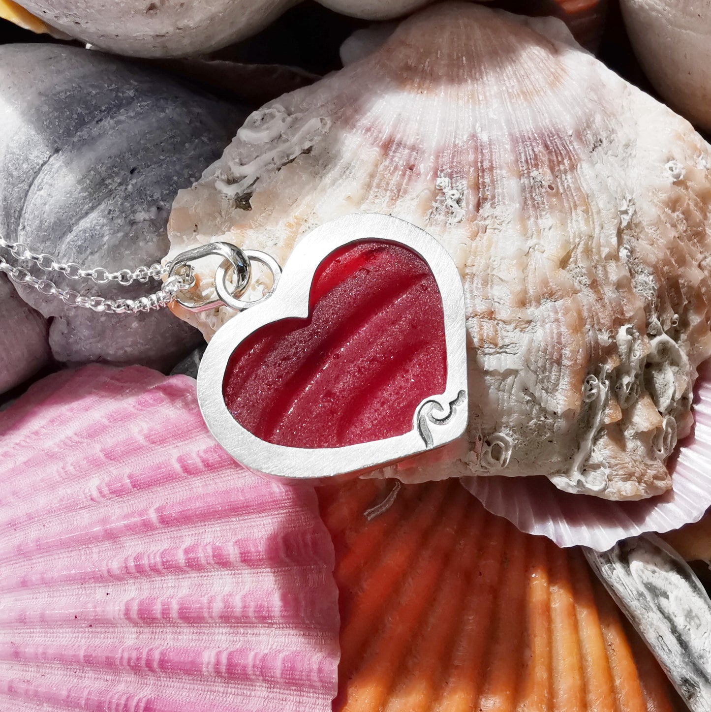 Scottish red UV sea glass heart & sterling silver pendant.