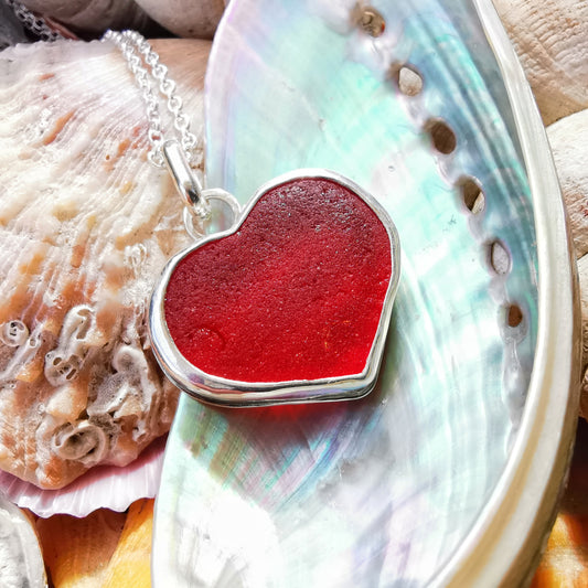 Scottish red UV sea glass heart & sterling silver pendant.