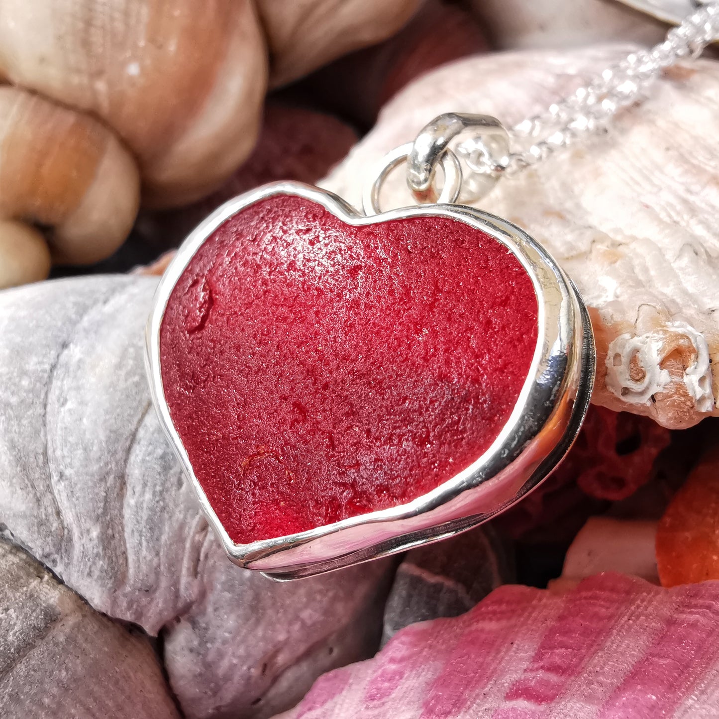 Scottish red UV sea glass heart & sterling silver pendant.