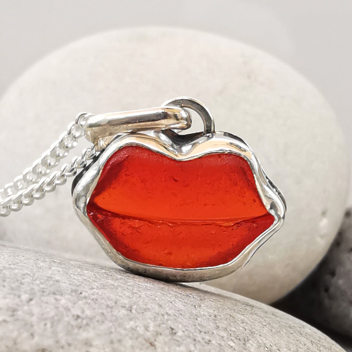 Scottish red  lips/kiss sea glass & sterling silver pendant.