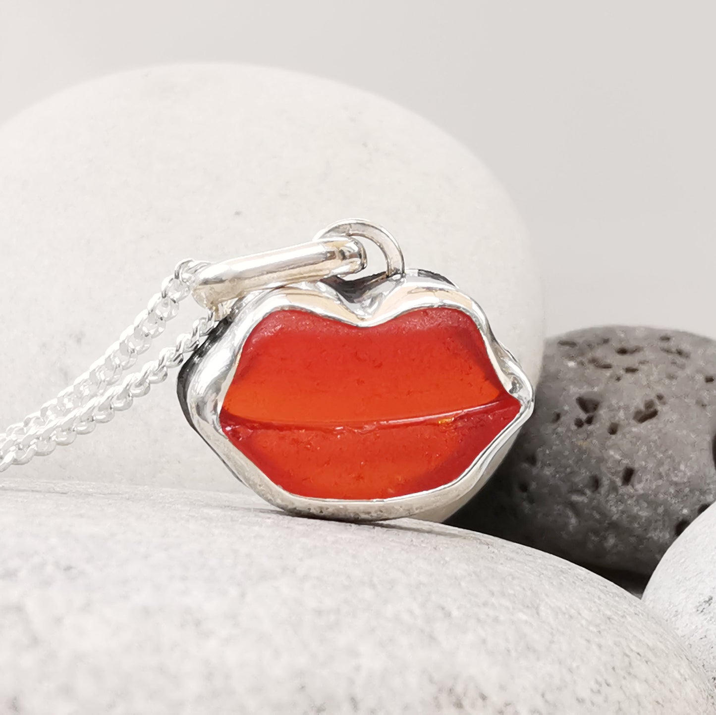 Scottish red  lips/kiss sea glass & sterling silver pendant.
