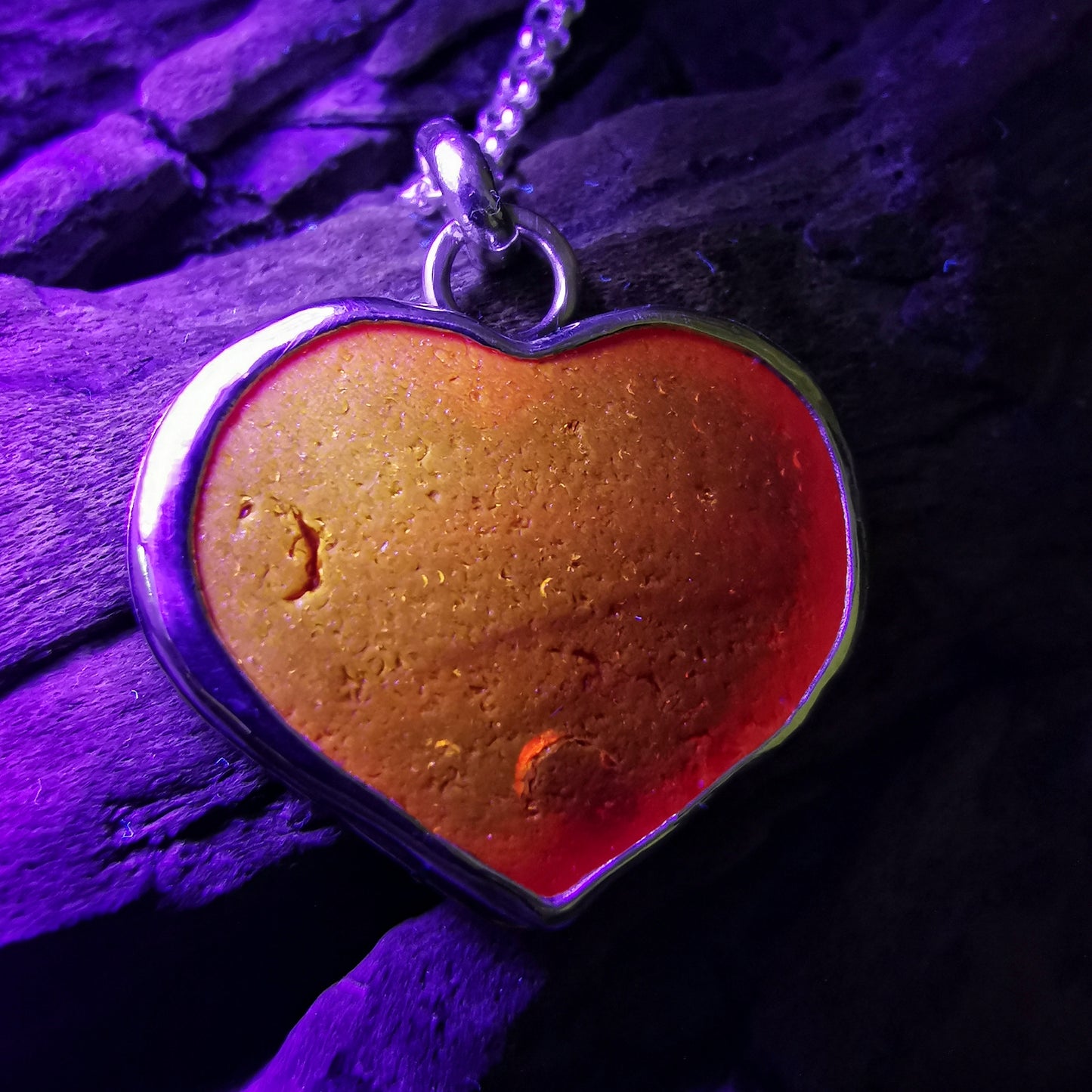 Scottish red UV sea glass heart & sterling silver pendant.
