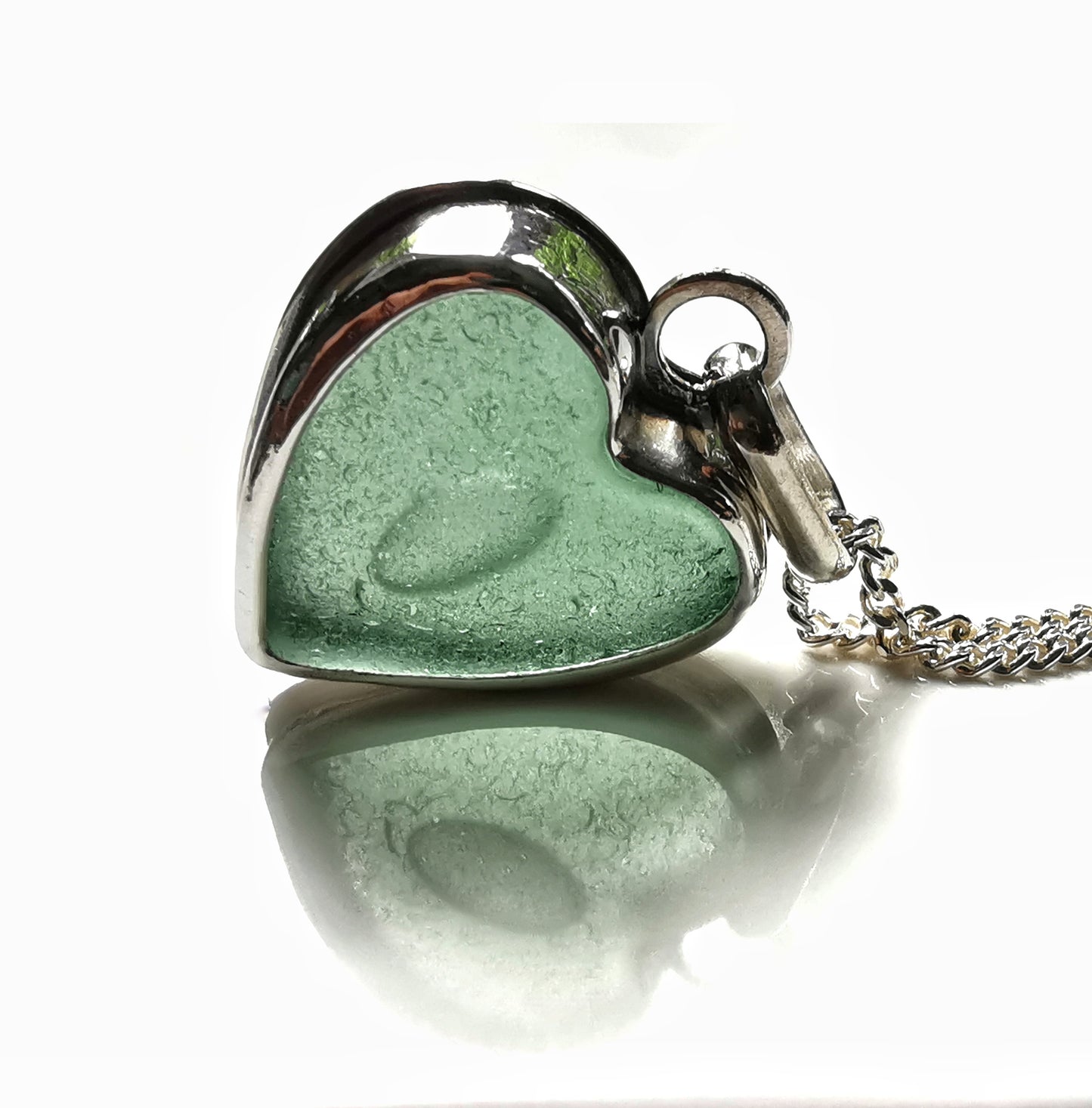 Scottish green sea glass heart & sterling silver pendant.