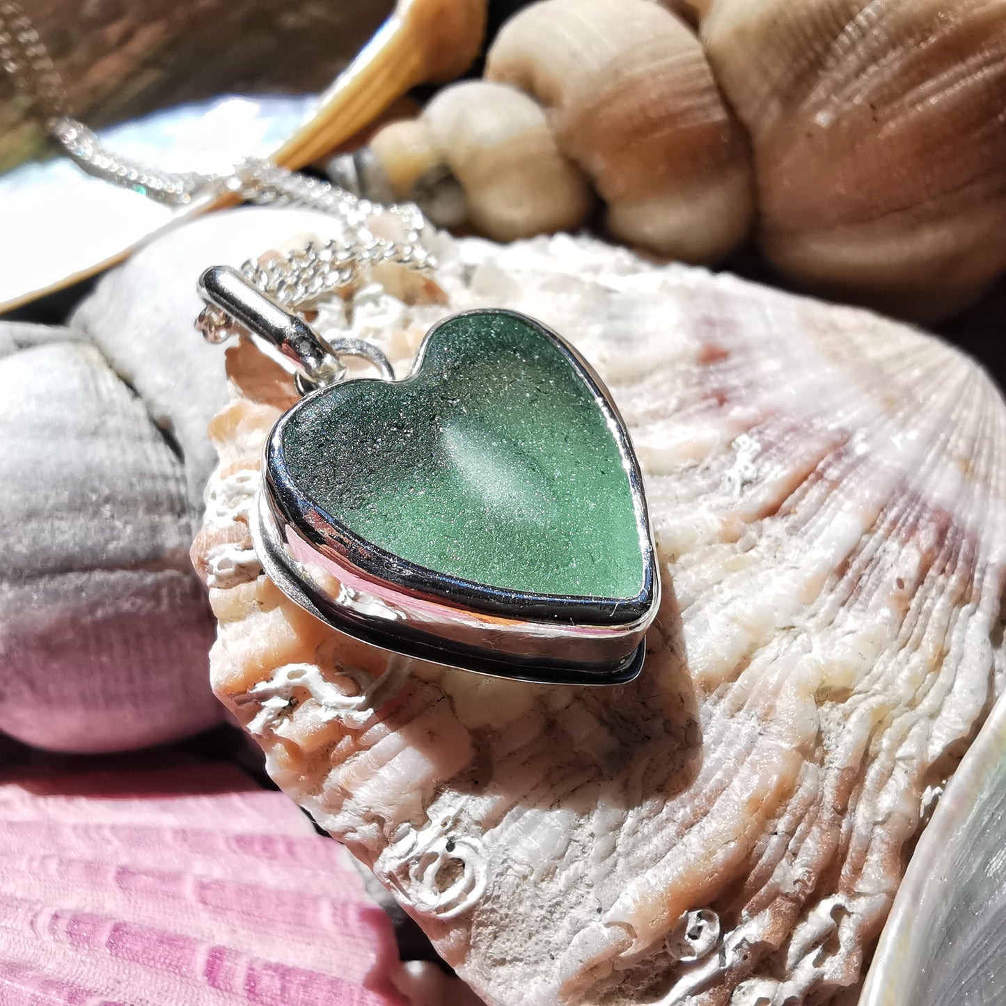 Scottish green sea glass heart & sterling silver pendant.