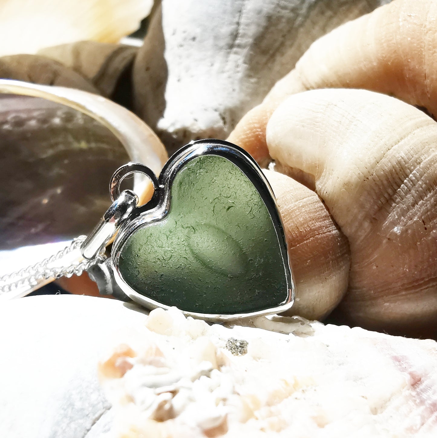 Scottish green sea glass heart & sterling silver pendant.