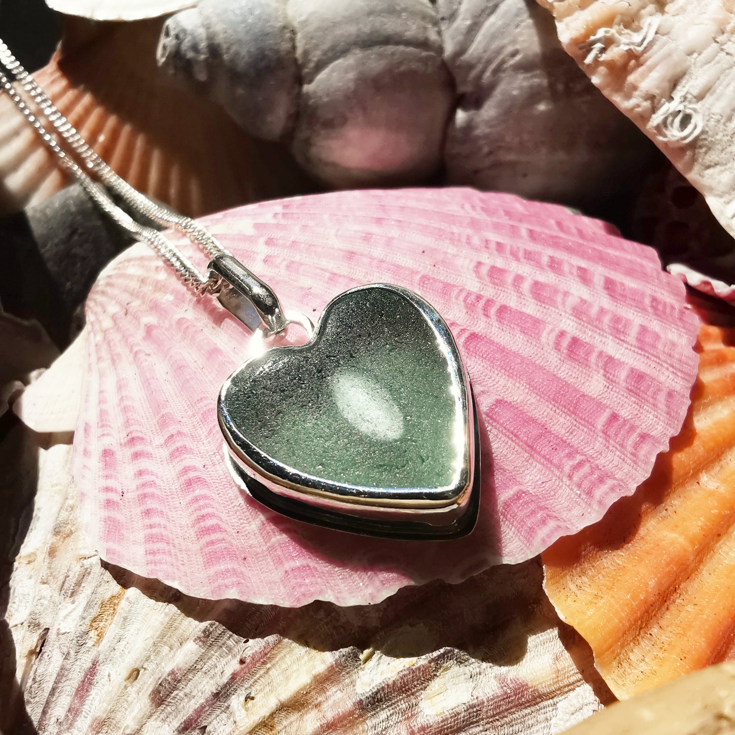 Scottish green sea glass heart & sterling silver pendant.