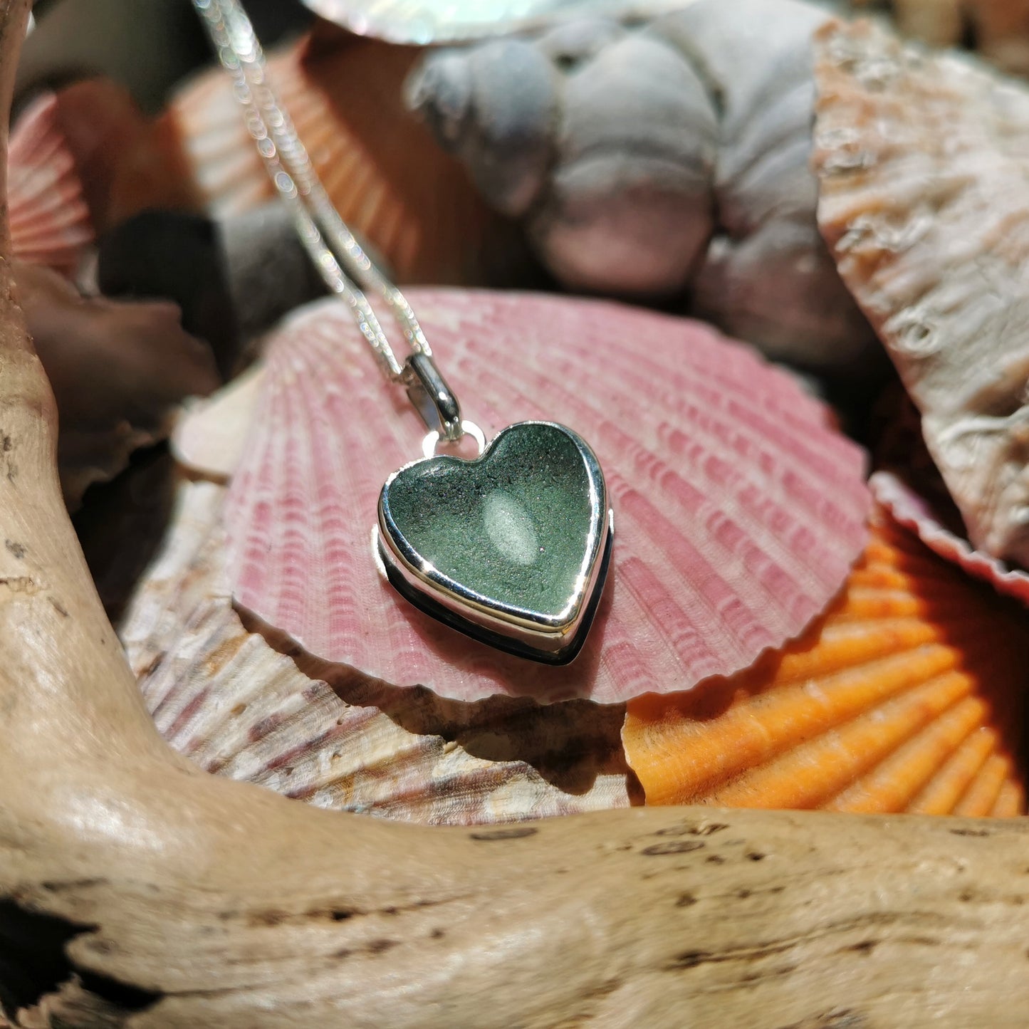 Scottish green sea glass heart & sterling silver pendant.