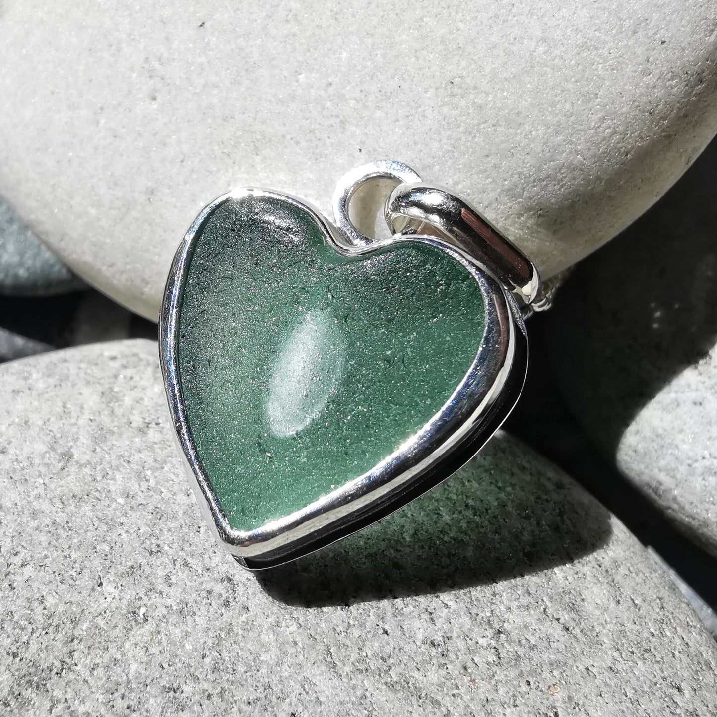 Scottish green sea glass heart & sterling silver pendant.