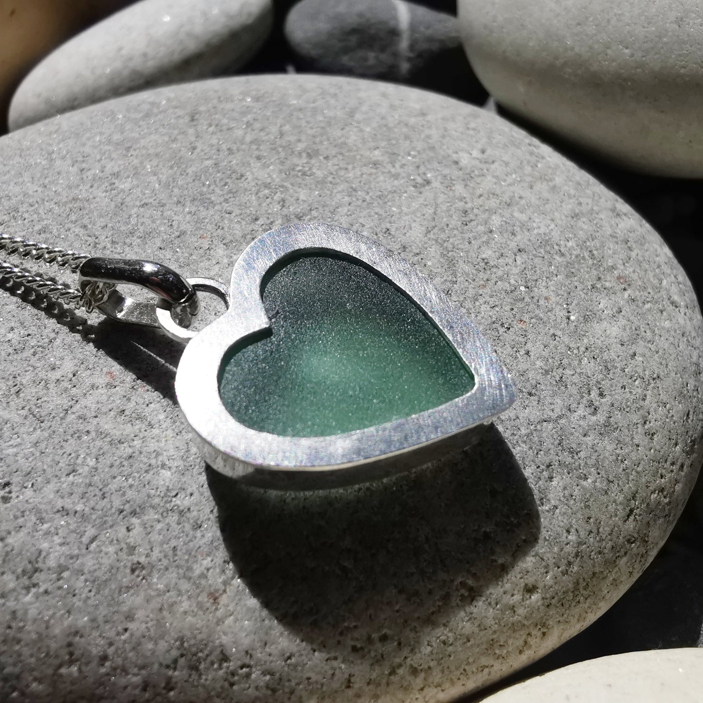 Scottish green sea glass heart & sterling silver pendant.