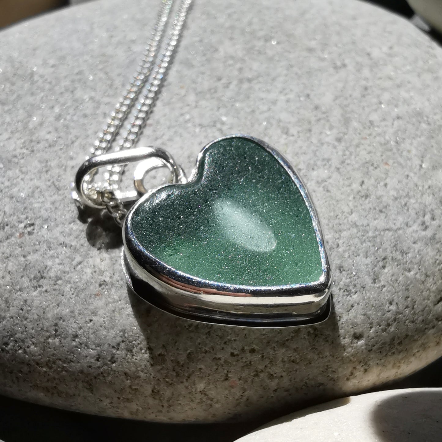 Scottish green sea glass heart & sterling silver pendant.