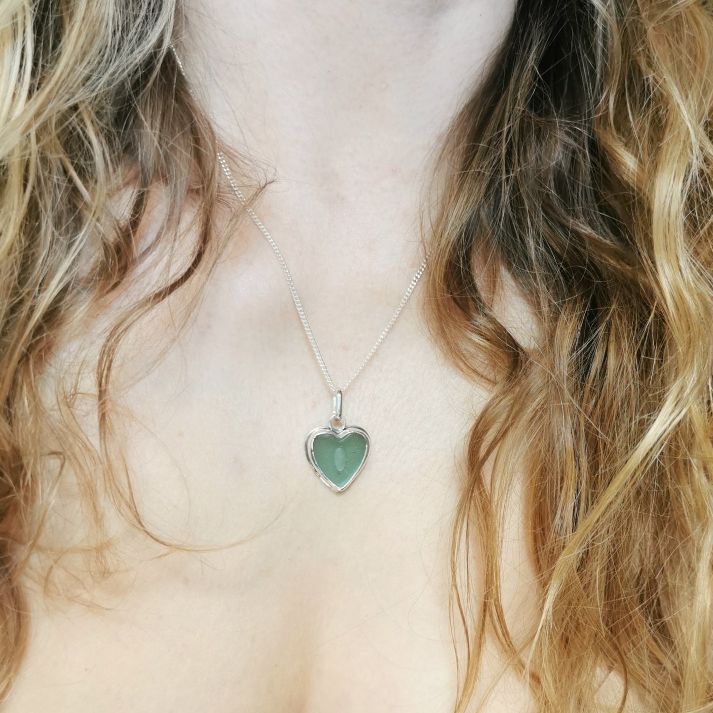 Scottish green sea glass heart & sterling silver pendant.