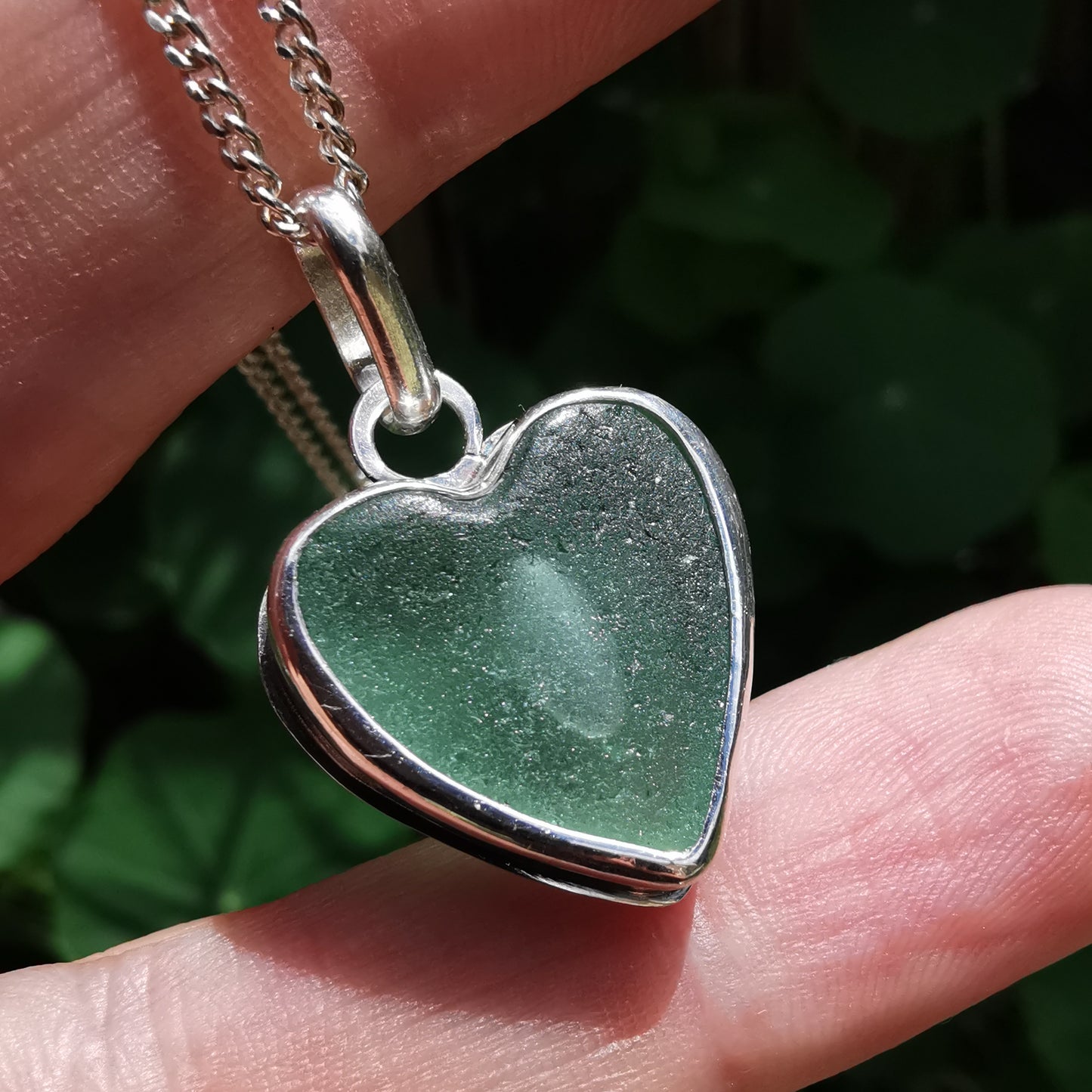 Scottish green sea glass heart & sterling silver pendant.
