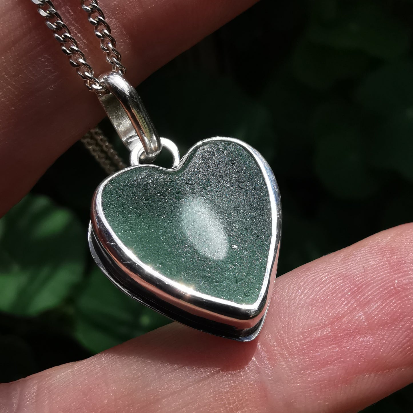 Scottish green sea glass heart & sterling silver pendant.