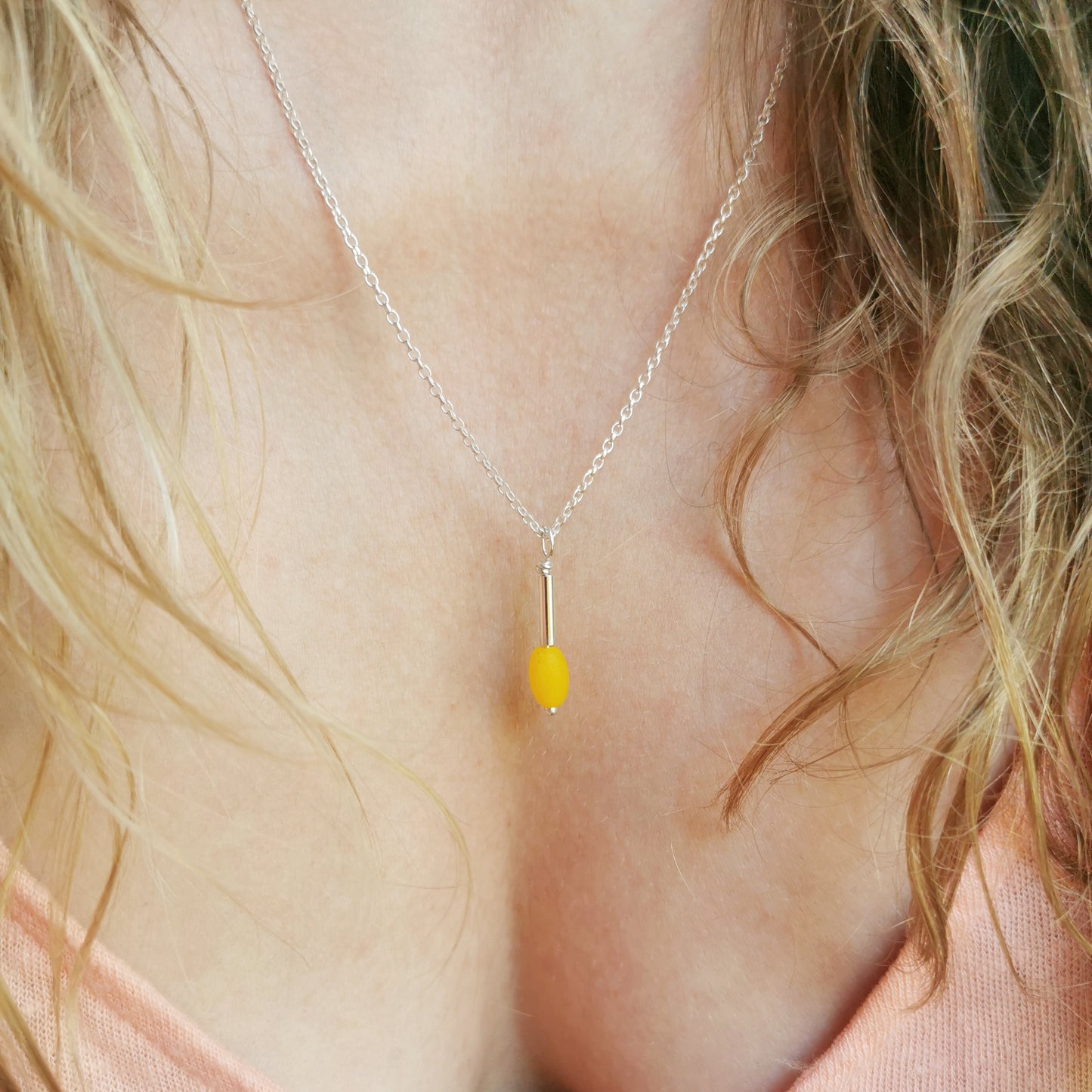 Scottish genuine yellow sea glass bead & sterling silver pendant.