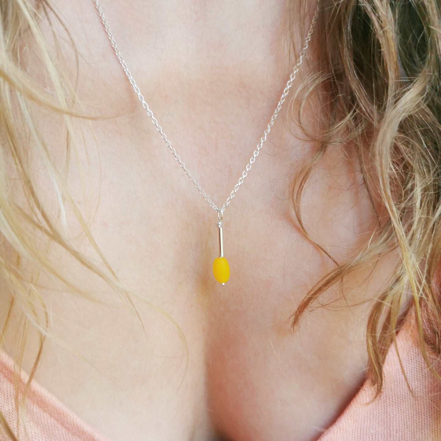 Scottish genuine yellow sea glass bead & sterling silver pendant.