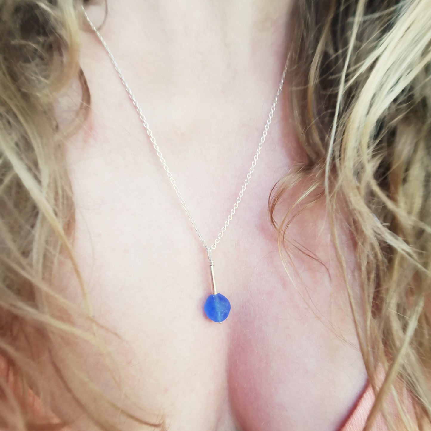 Scottish blue sea glass bead & sterling silver pendant.