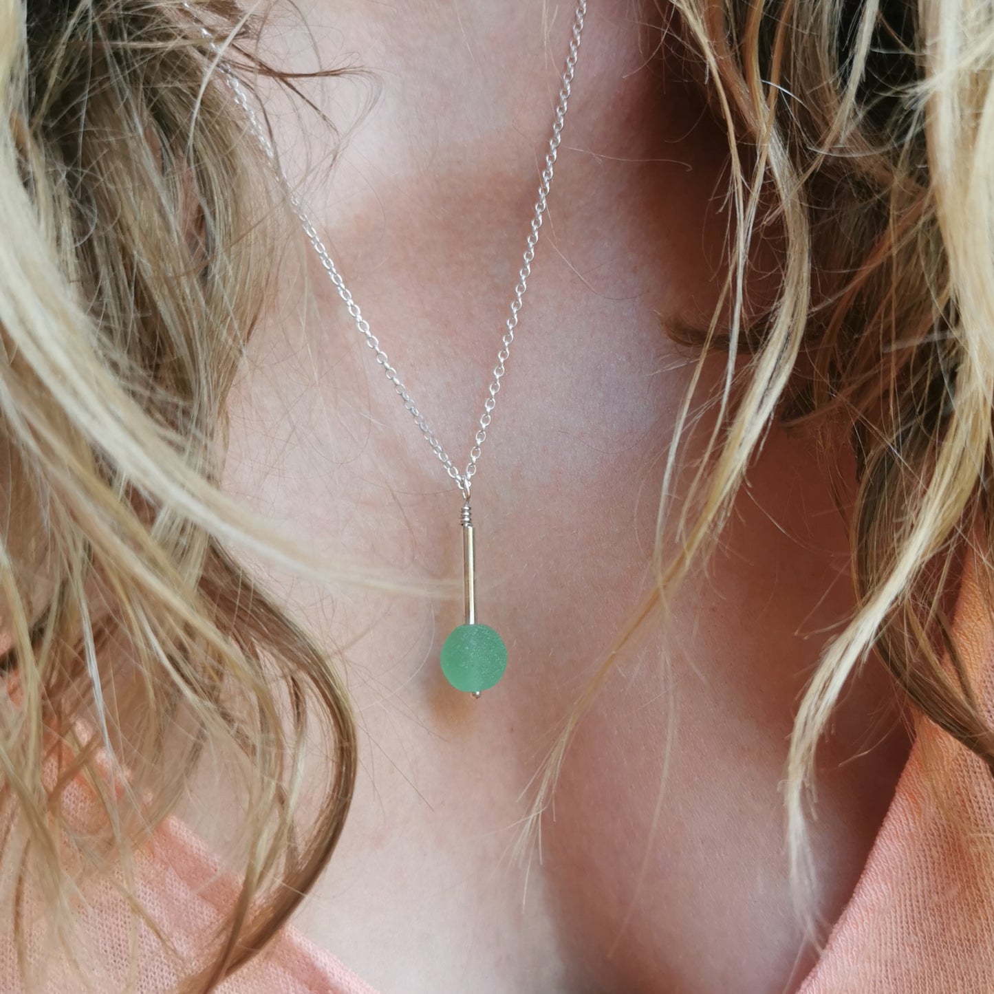 Scottish UV green sea glass bead & sterling silver pendant.