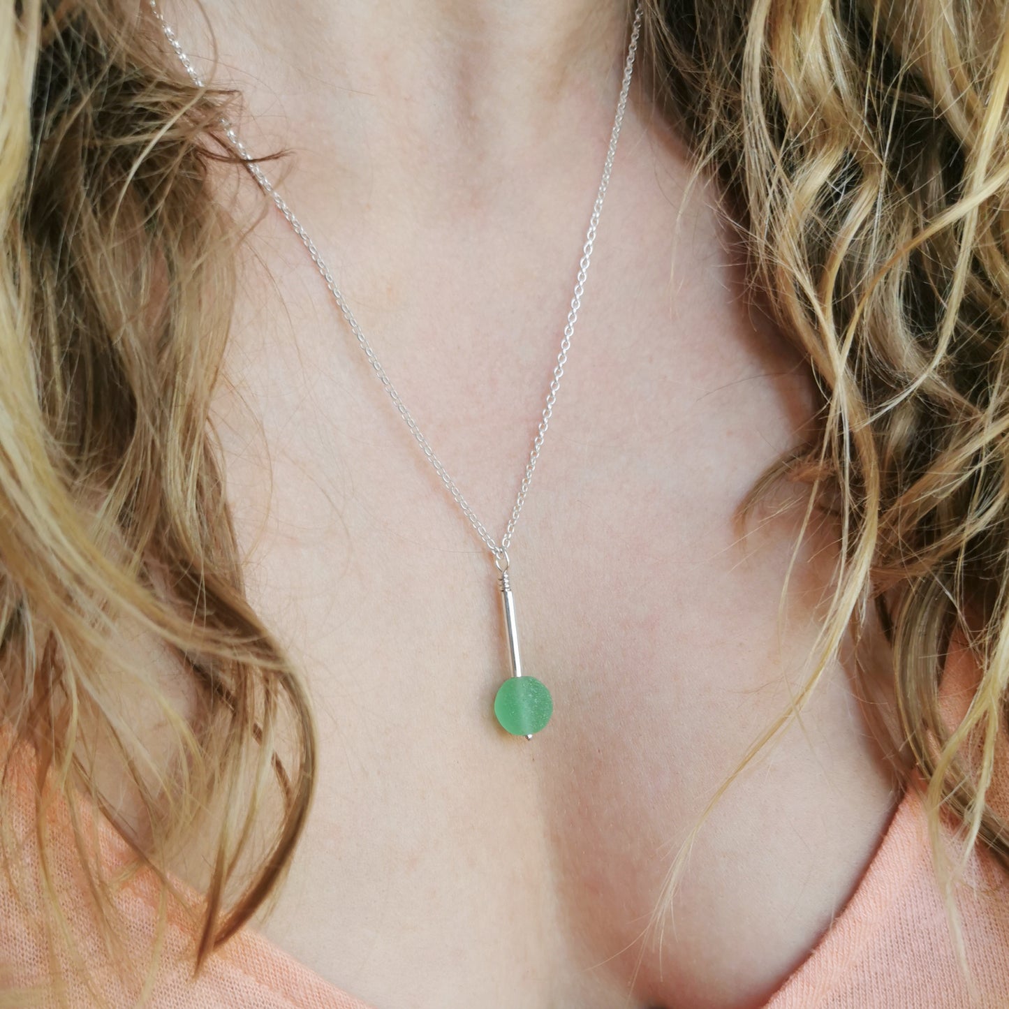 Scottish UV green sea glass bead & sterling silver pendant.