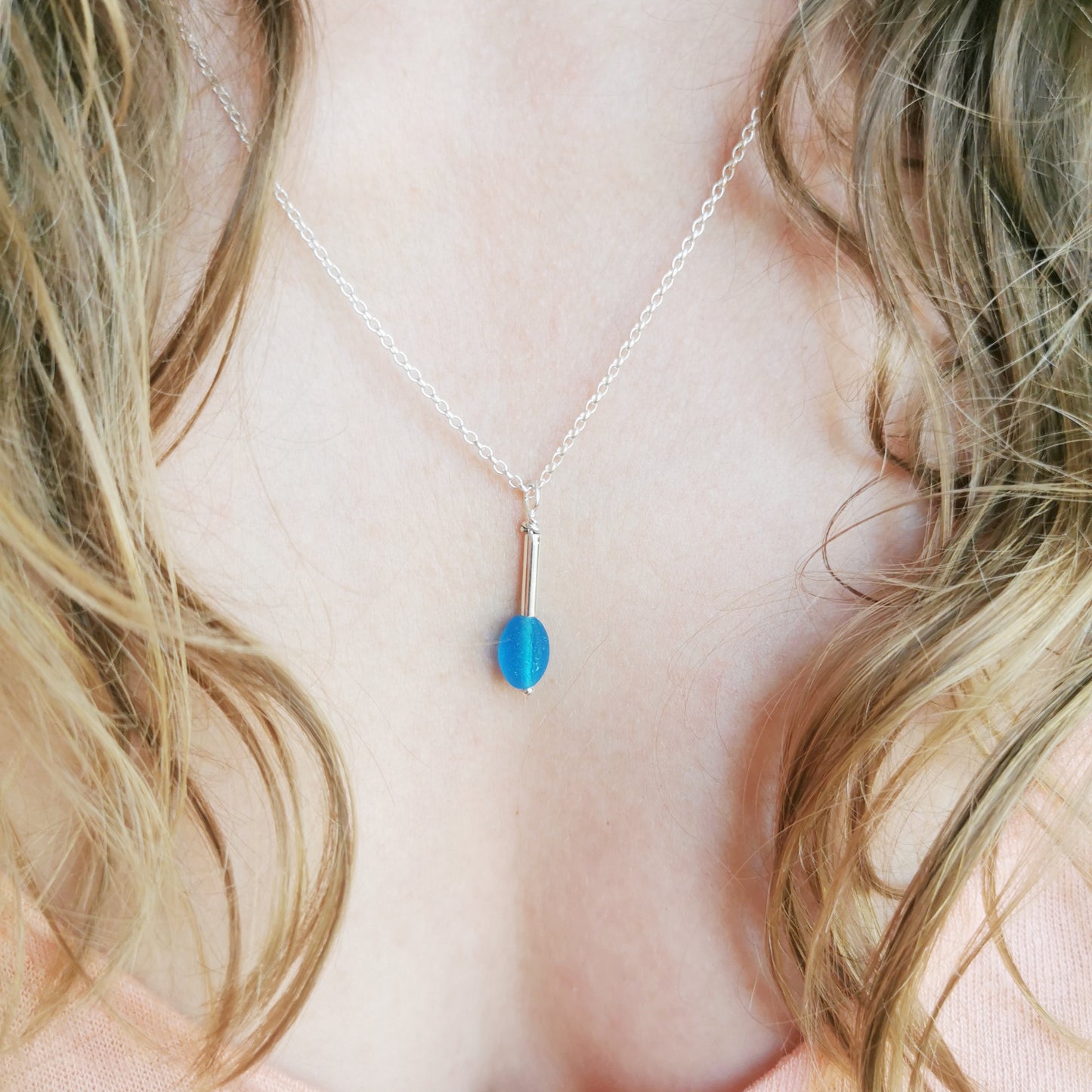 Scottish electric blue sea glass bead & sterling silver pendant.