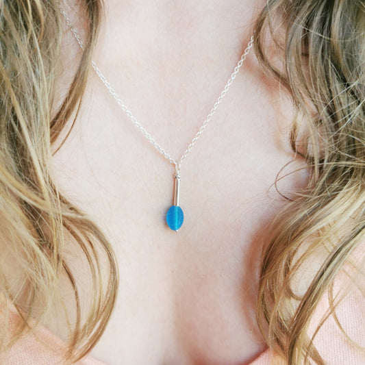 Scottish electric blue sea glass bead & sterling silver pendant.