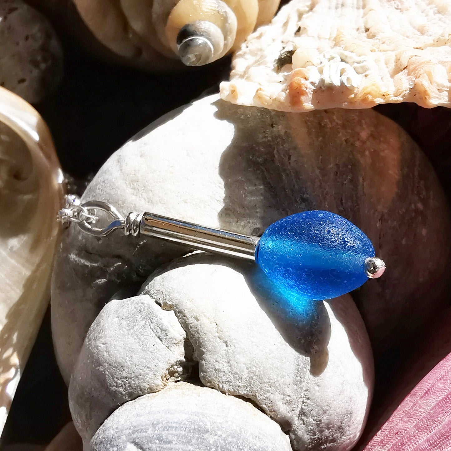 Scottish electric blue sea glass bead & sterling silver pendant.