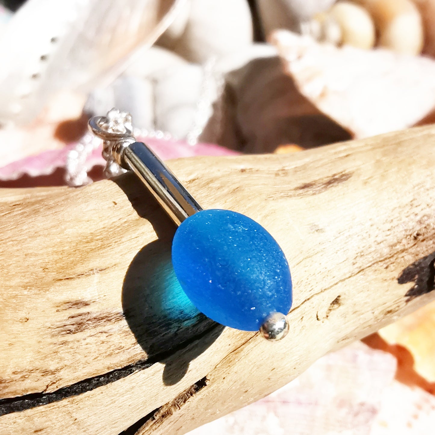Scottish electric blue sea glass bead & sterling silver pendant.